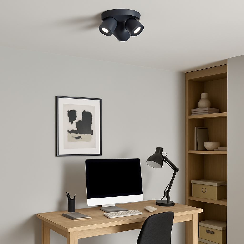 Rosebery Grey 3 Light Round Spotlight mounted on the ceiling of a modern home office with wooden desk, computer, black desk lamp, shelving, and abstract artwork.