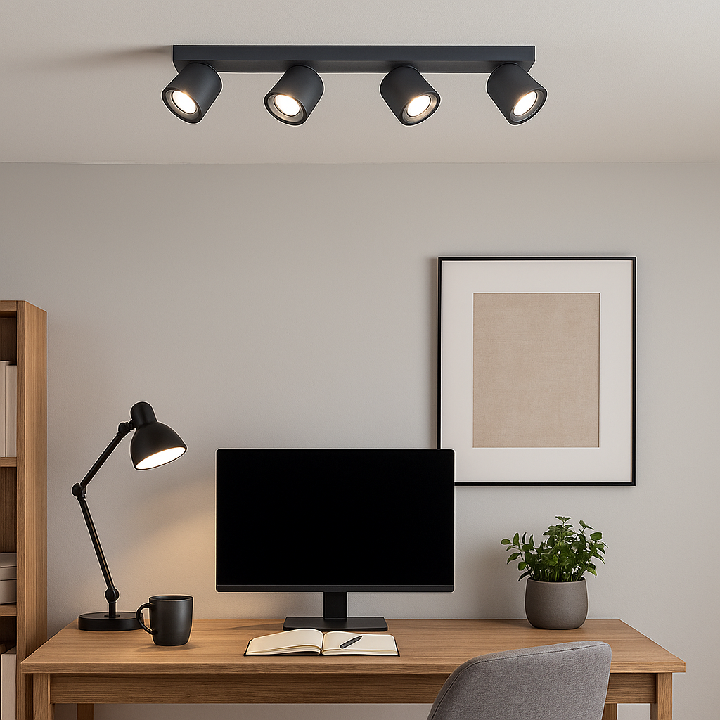 Rosebery Grey 4 Light Bar Spotlight mounted on the ceiling of a modern home office with wooden desk, computer monitor, black desk lamp, and minimalist wall art.