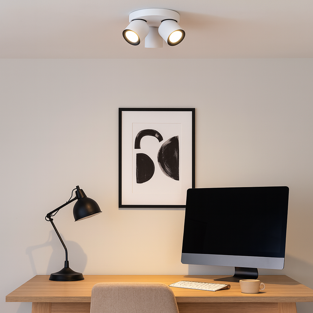 Rosebery White 3 Light Round Spotlight mounted on the ceiling of a modern home office with wooden desk, computer, black desk lamp, and abstract artwork.