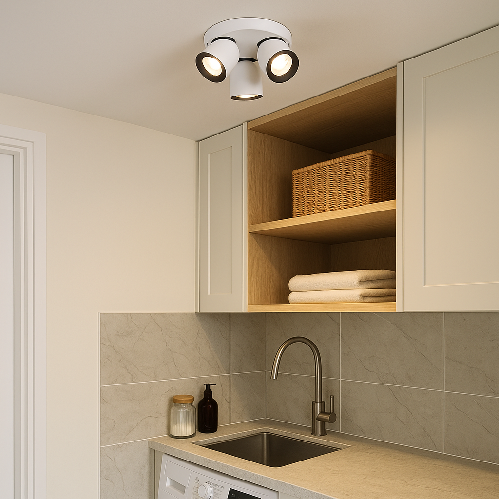 Rosebery White 3 Light Round Spotlight mounted on the ceiling of a luxury home utility room with marble tiles, oak shelving, sink, and washing machine.