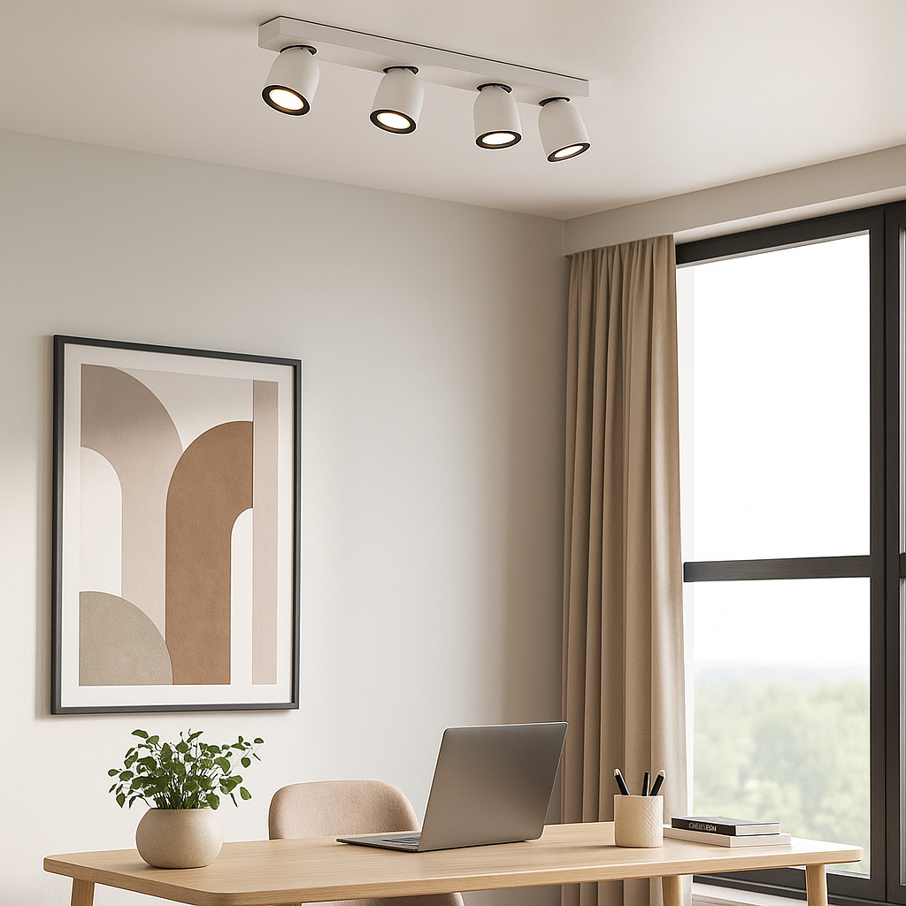 Rosebery White 4 Light Bar Spotlight mounted on the ceiling of a modern home office with wooden desk, laptop, and abstract wall art.