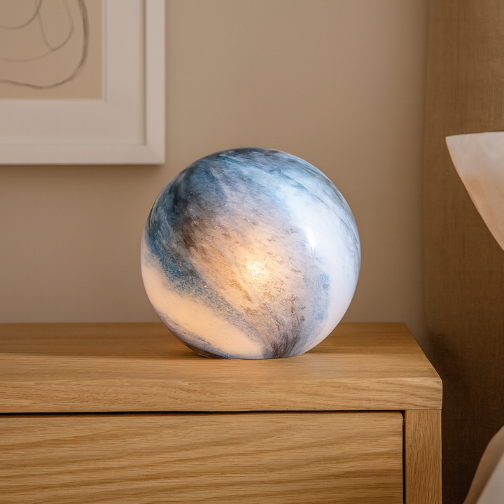 Round marble effect glass table lamp in blue and grey, 23.5cm tall x 25cm wide, luxury bedside lighting