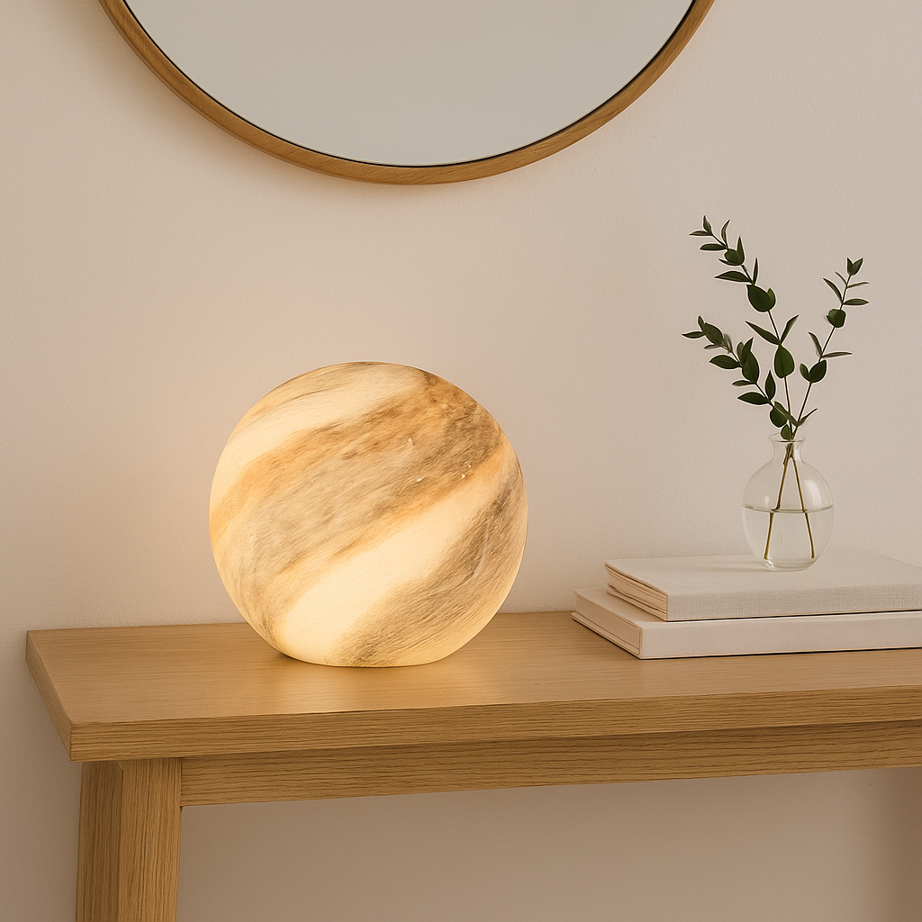 Round marble effect glass table lamp in taupe and brown, 23.5cm tall x 25cm wide, styled on a Scandi minimal console table with mirror and greenery