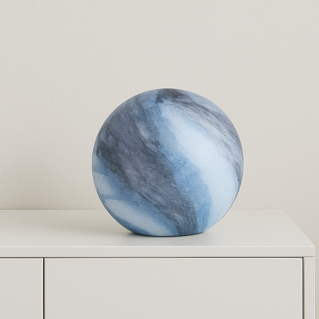 Blue and gray marbled sphere on a white surface with a light gray background