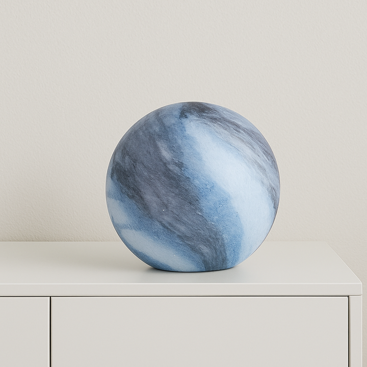 Blue and gray marbled sphere on a white surface with a light gray background
