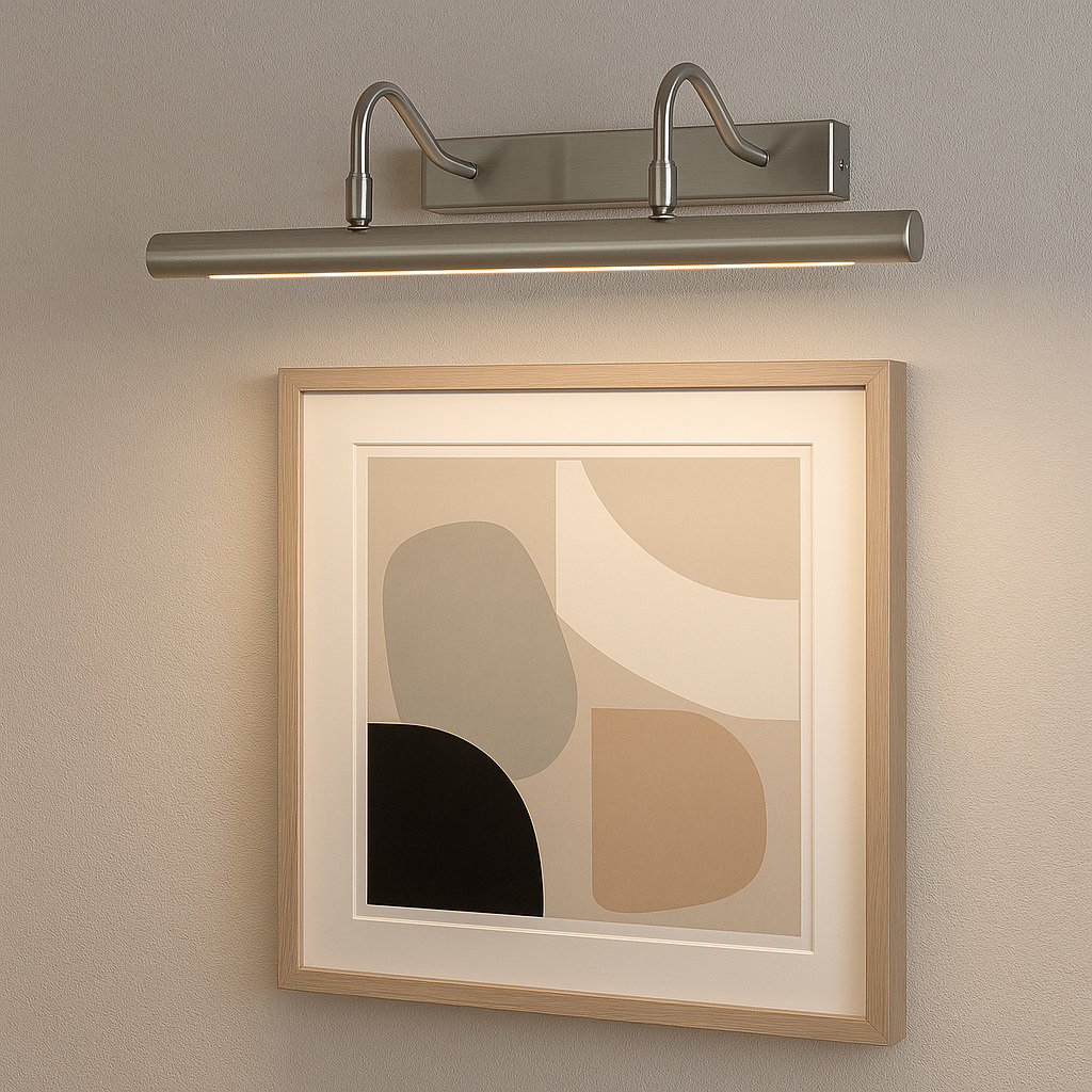 Satin silver picture wall light 49cm wide illuminating framed modern abstract artwork on a neutral wall