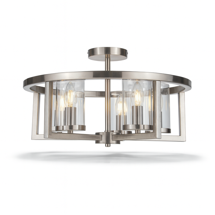 satin silver semi flush ceiling light on white background with soft shadow