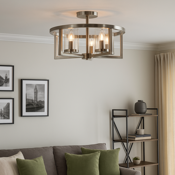 satin silver semi flush ceiling light in modern living room