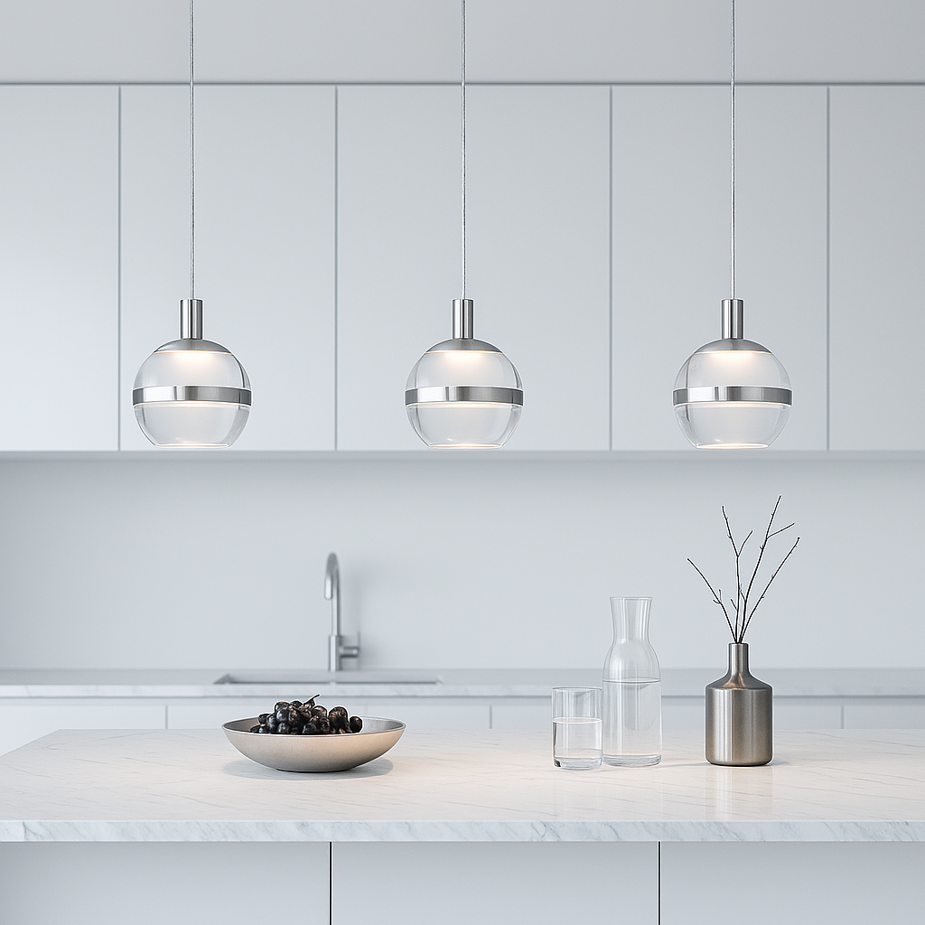 Silver 3 light glass pendant above modern white marble kitchen island