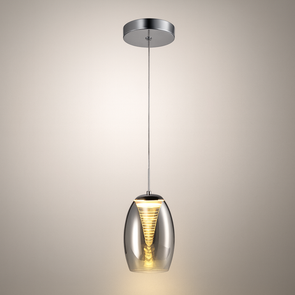 Smoked glass single pendant light with chrome plate on luxury light background.