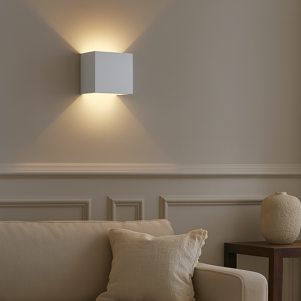 Square ceramic wall light in white finish mounted on a panelled wall in a luxury living room, casting warm up and down lighting above a beige sofa with cushion and side table