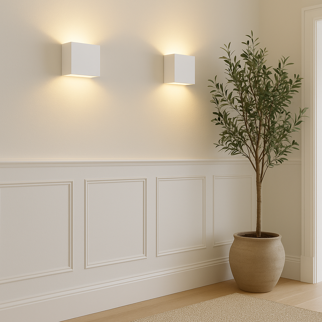 Modern square ceramic wall lights in white, 15x15x7cm, mounted symmetrically in a luxury hallway with panelled white walls, warm up and down lighting, and a tall olive tree in a beige planter.