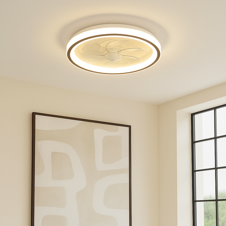 Stockton ceiling fan light mounted on a modern white ceiling in a contemporary room with abstract artwork and window.