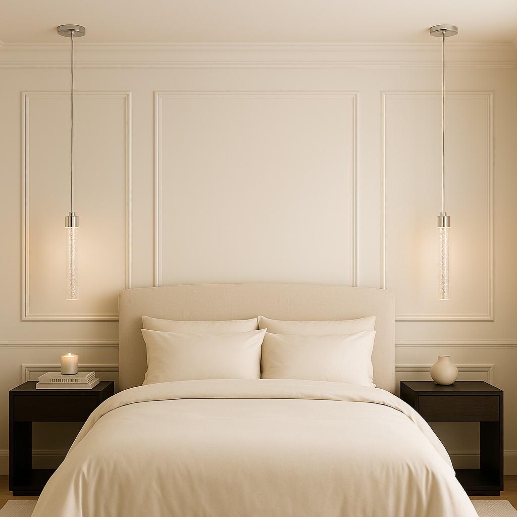 Bedroom with two Sydney Single Pendants in polished silver as bedside lights.