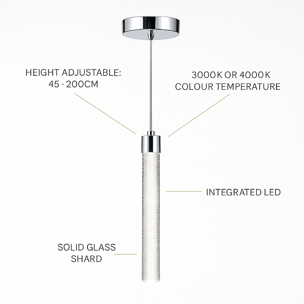 Sydney Single Pendant in polished chrome with shard glass, adjustable height, integrated LED, and 3000K/4000K colour temperature options.