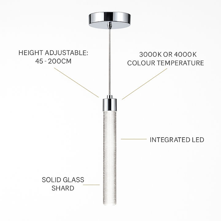 Sydney Single Pendant in polished chrome with shard glass, adjustable height, integrated LED, and 3000K/4000K colour temperature options.