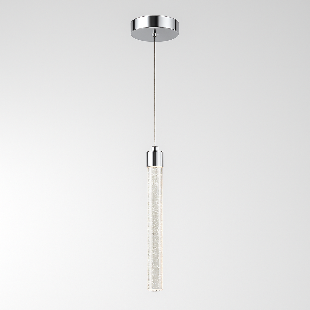 Sydney Single Pendant light with polished chrome canopy, slim suspension cable, and shard-textured cylindrical glass shade with bubbles