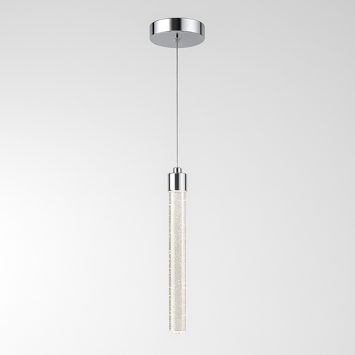 Sydney Single Pendant light with polished chrome canopy, slim suspension cable, and shard-textured cylindrical glass shade with bubbles