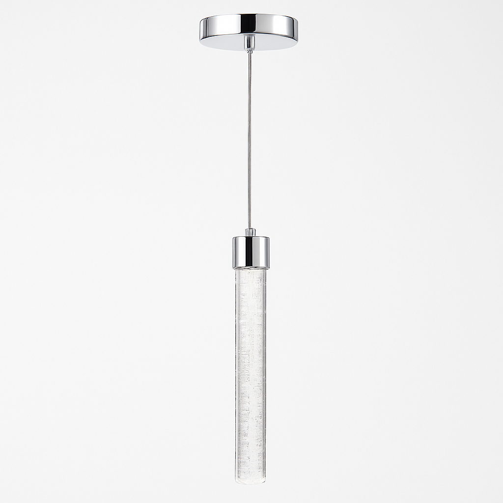 Sydney Single Pendant light with polished chrome canopy, slim suspension cable, and shard-textured cylindrical glass shade, displayed against a white background.
