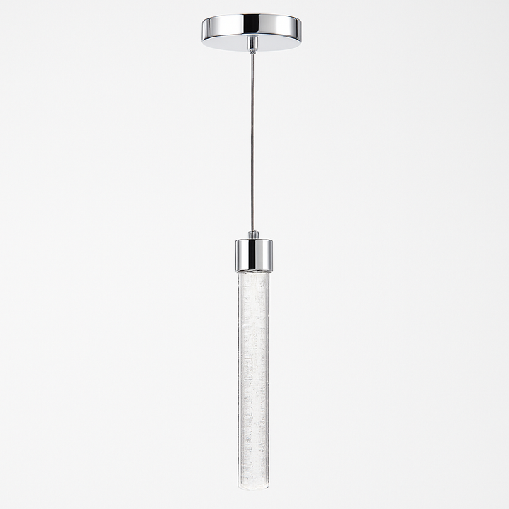 Sydney Single Pendant light with polished chrome canopy, slim suspension cable, and shard-textured cylindrical glass shade, displayed against a white background.