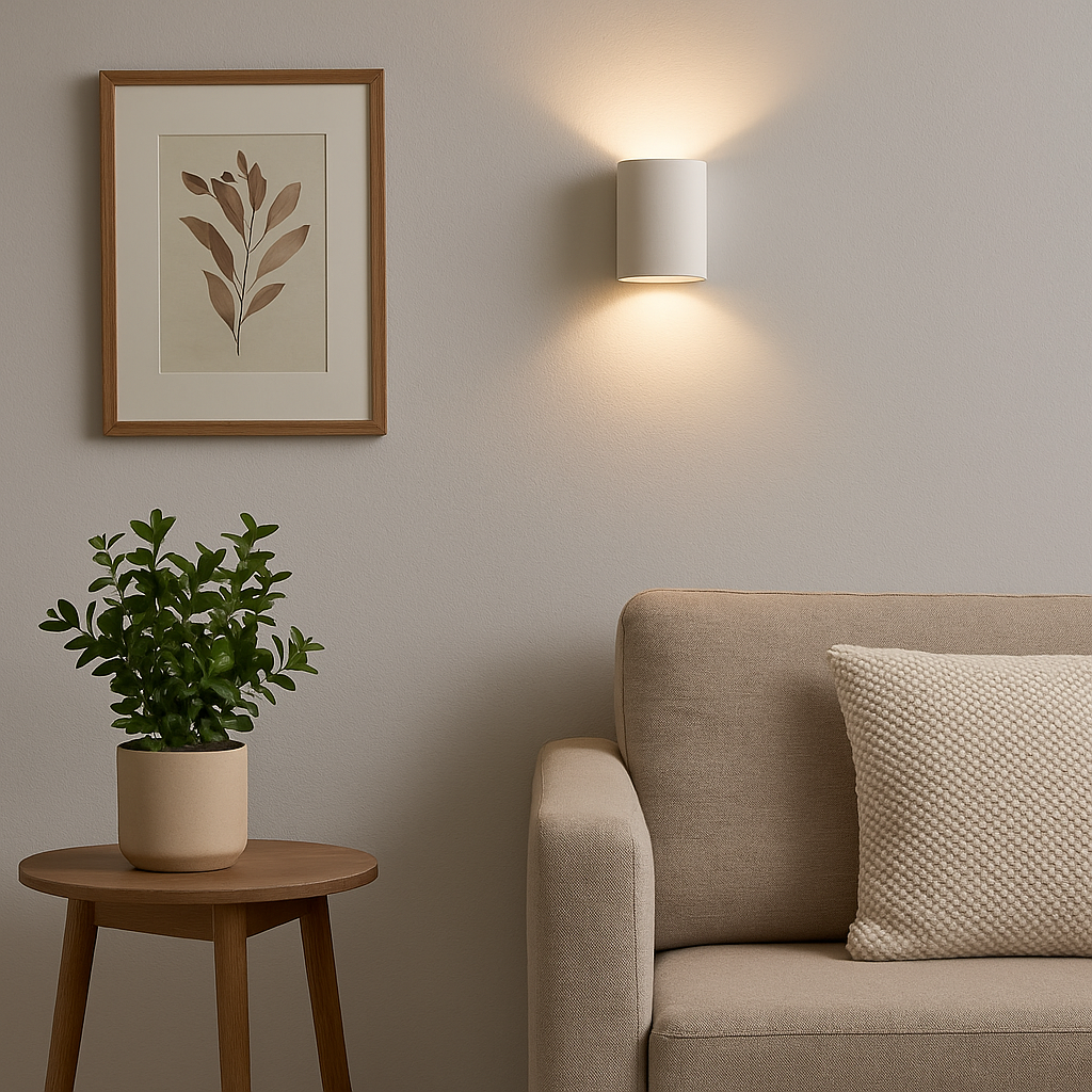Thompson white ceramic wall light in a modern living room, casting soft up and down glow above a sofa with neutral décor