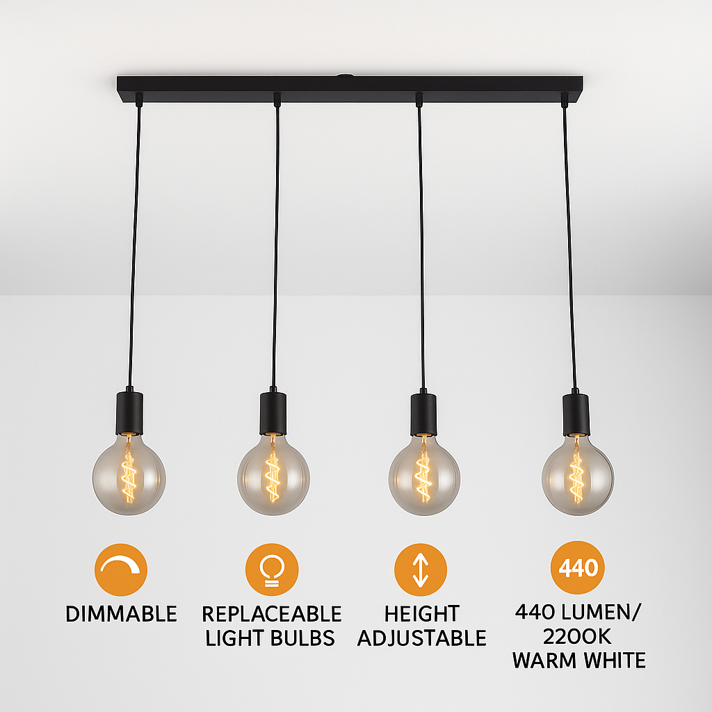 Tiber black 4-light pendant bar, smoked bulbs dining modern