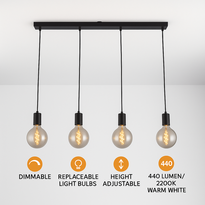 Tiber black 4-light pendant bar, smoked bulbs dining modern