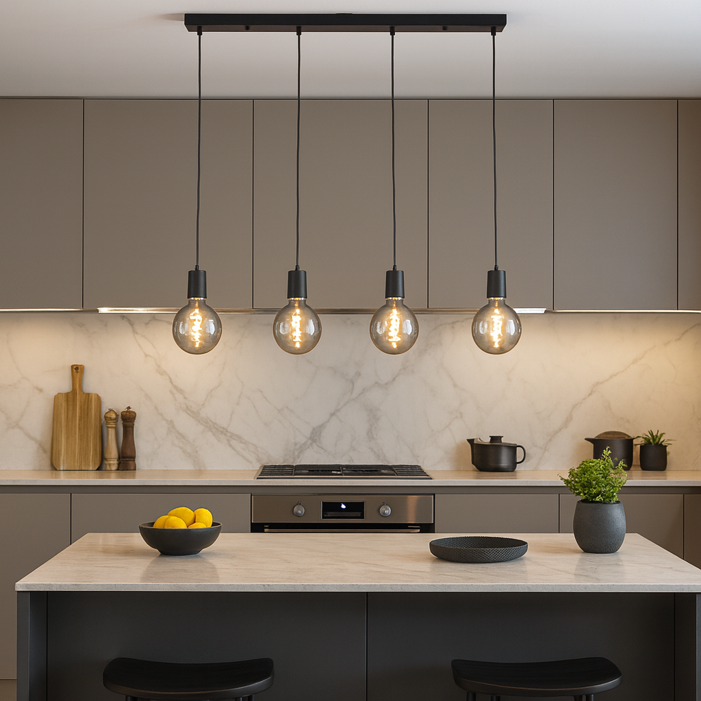 Tiber 4 light pendant bar above kitchen island in modern luxury kitchen