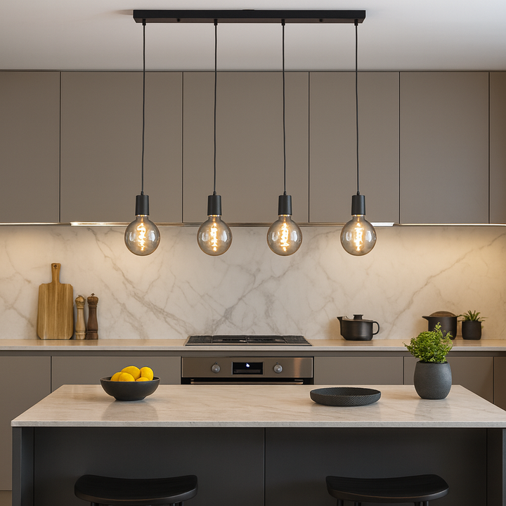 Tiber 4 light pendant bar above kitchen island in modern luxury kitchen
