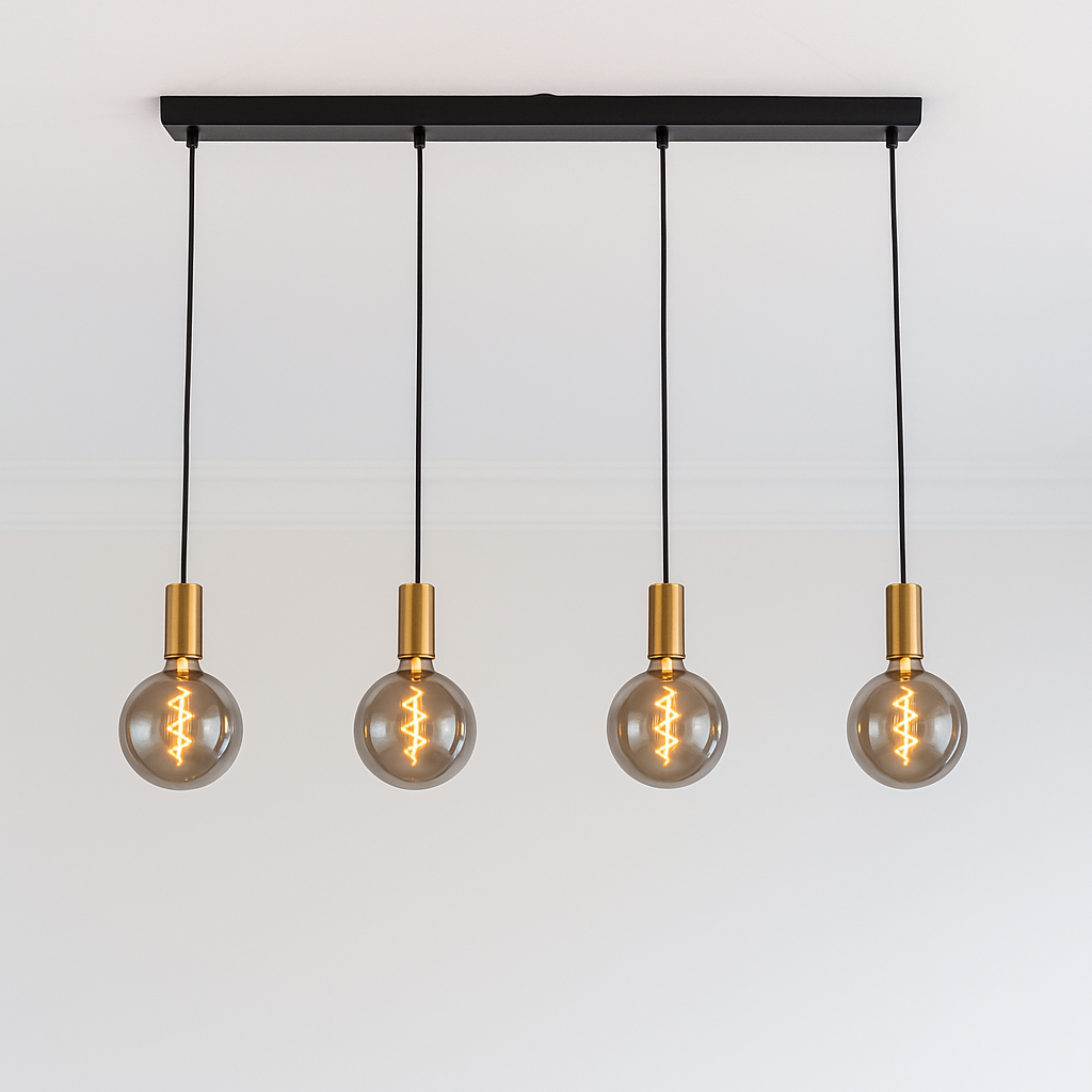 Tiber 4 light pendant bar with smoked bulbs and gold caps