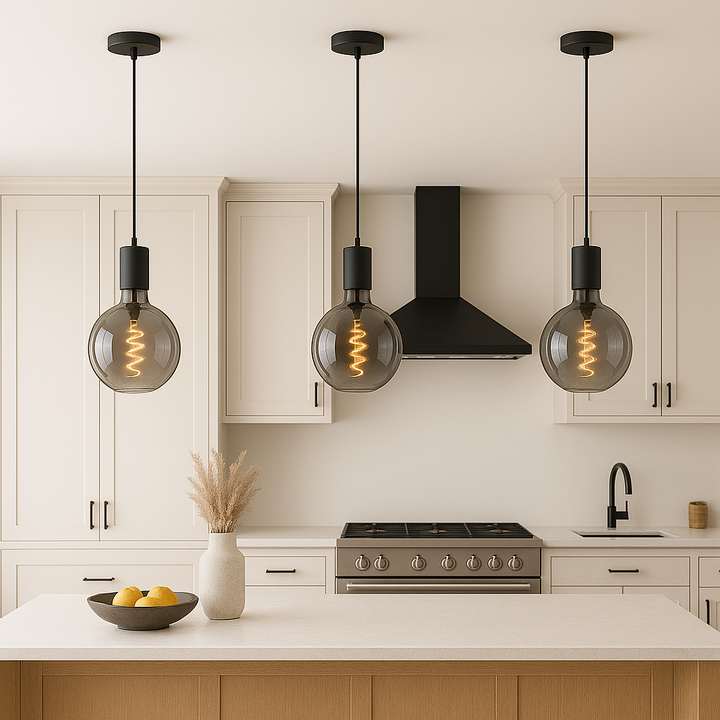 Tiber pendant lights in matt black with smoked glass above kitchen island