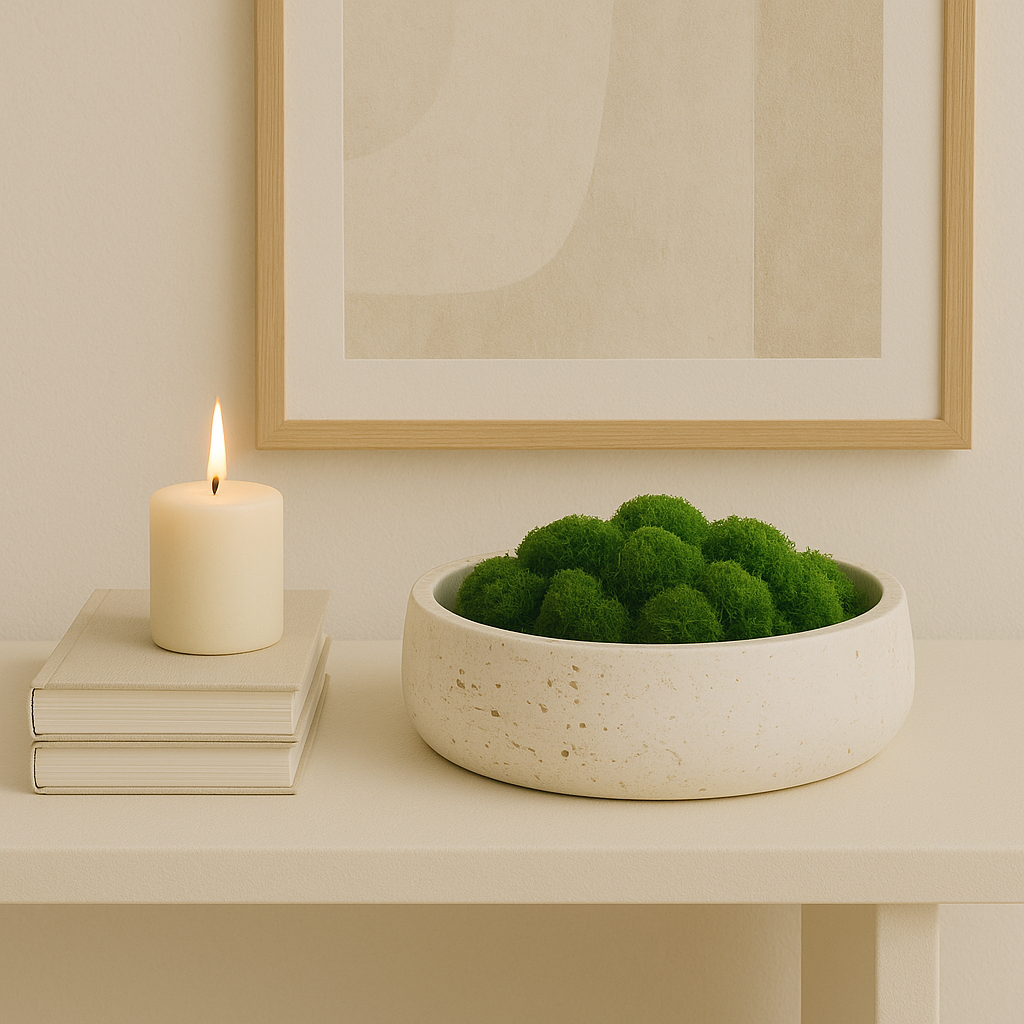 travertine-bowl-green-moss-candle-console
