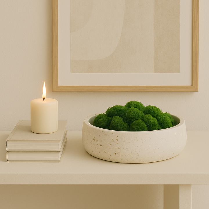 travertine-bowl-green-moss-candle-console