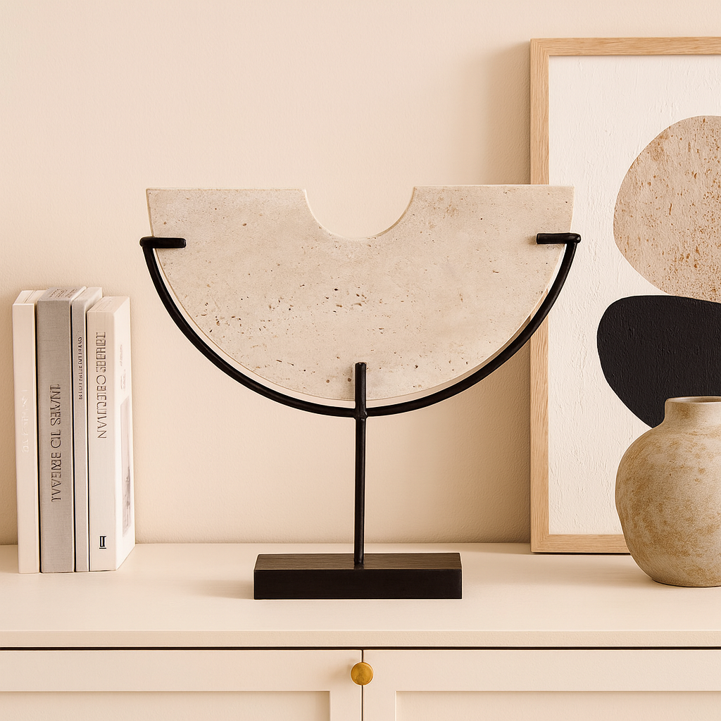 Luxury lifestyle image of semi-circular travertine sculpture on black metal stand, styled on a shelf with books, artwork, and ceramic vase.