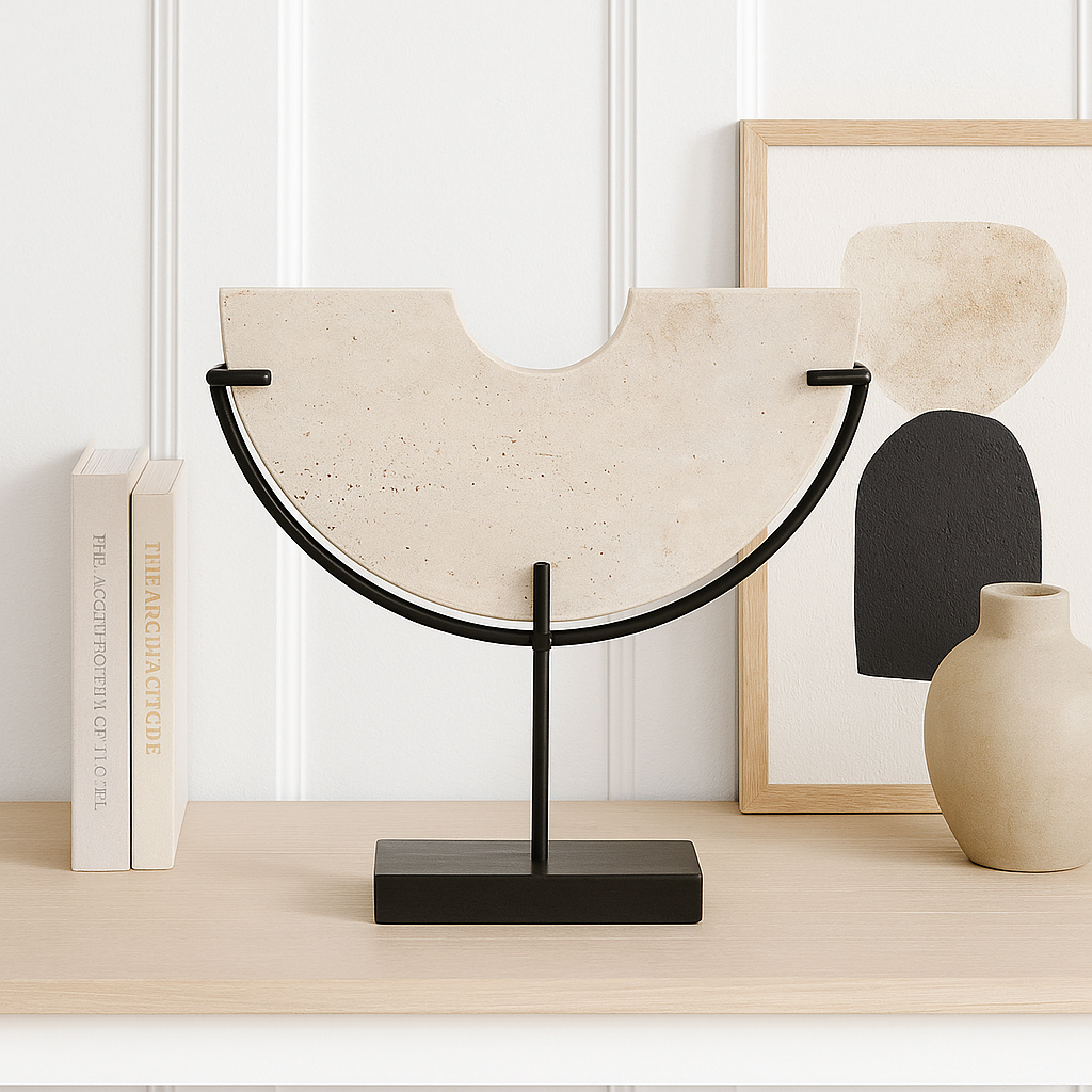 Light and airy lifestyle image of semi-circular travertine sculpture on black metal stand, styled on a shelf with books, abstract artwork, and ceramic vase against white panelled walls.