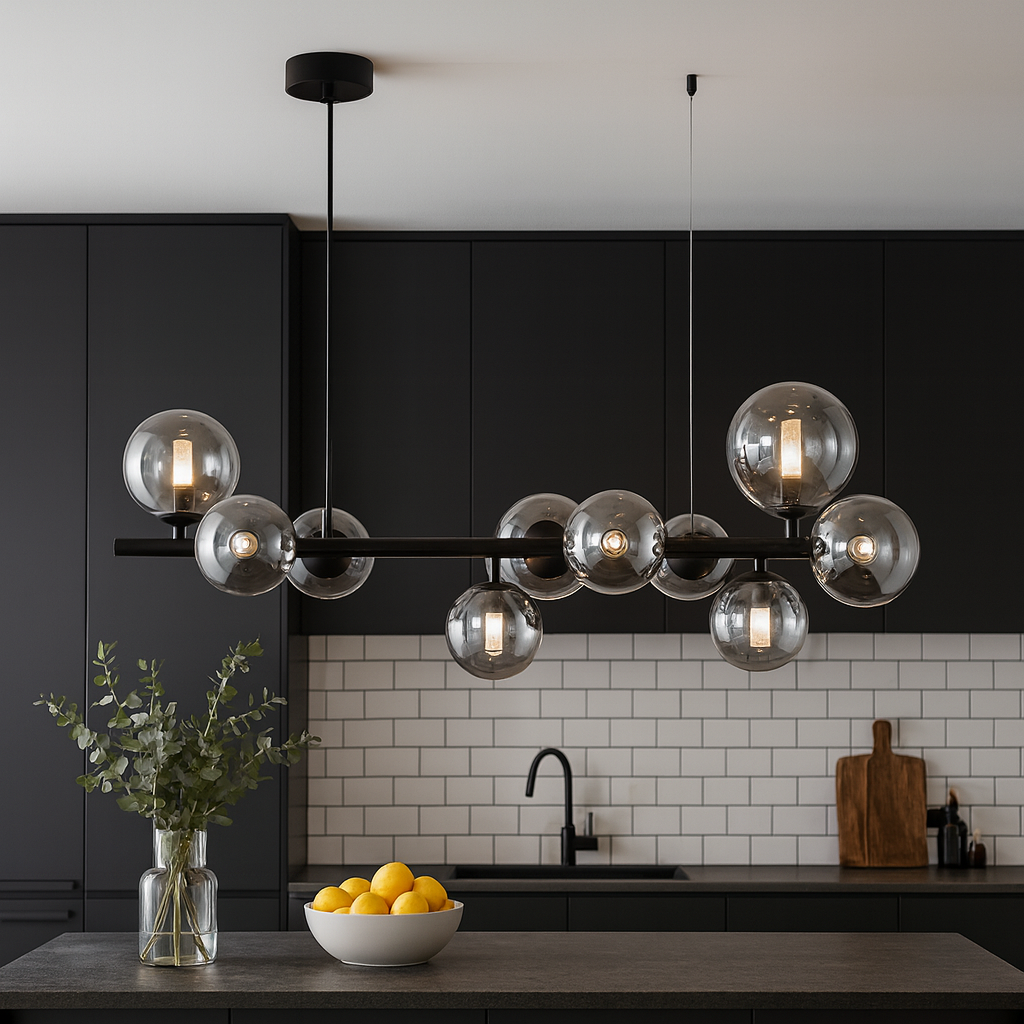 Valetta smoked glass bar pendant in modern black kitchen interior above island.
