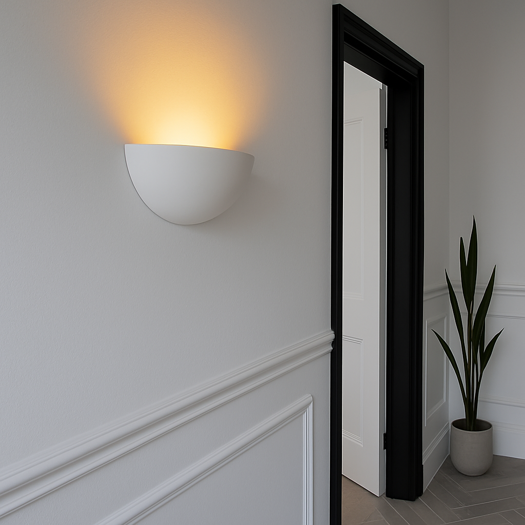 White ceramic half-moon wall light casting warm upward glow in a modern hallway with white panelled walls, black door frame and slim plant