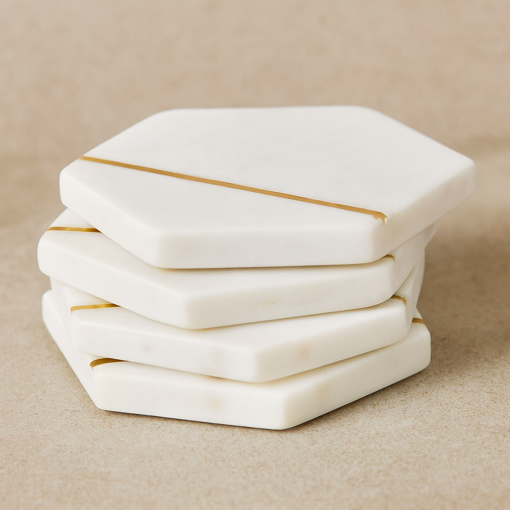 Stack of luxury white marble hexagon coasters with gold inlay detailing on a neutral background.