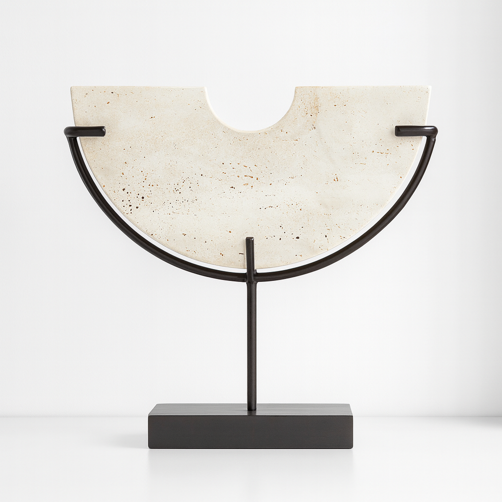 Luxury product image of white travertine half-circle sculpture on black metal stand with subtle shading against a clean white background.