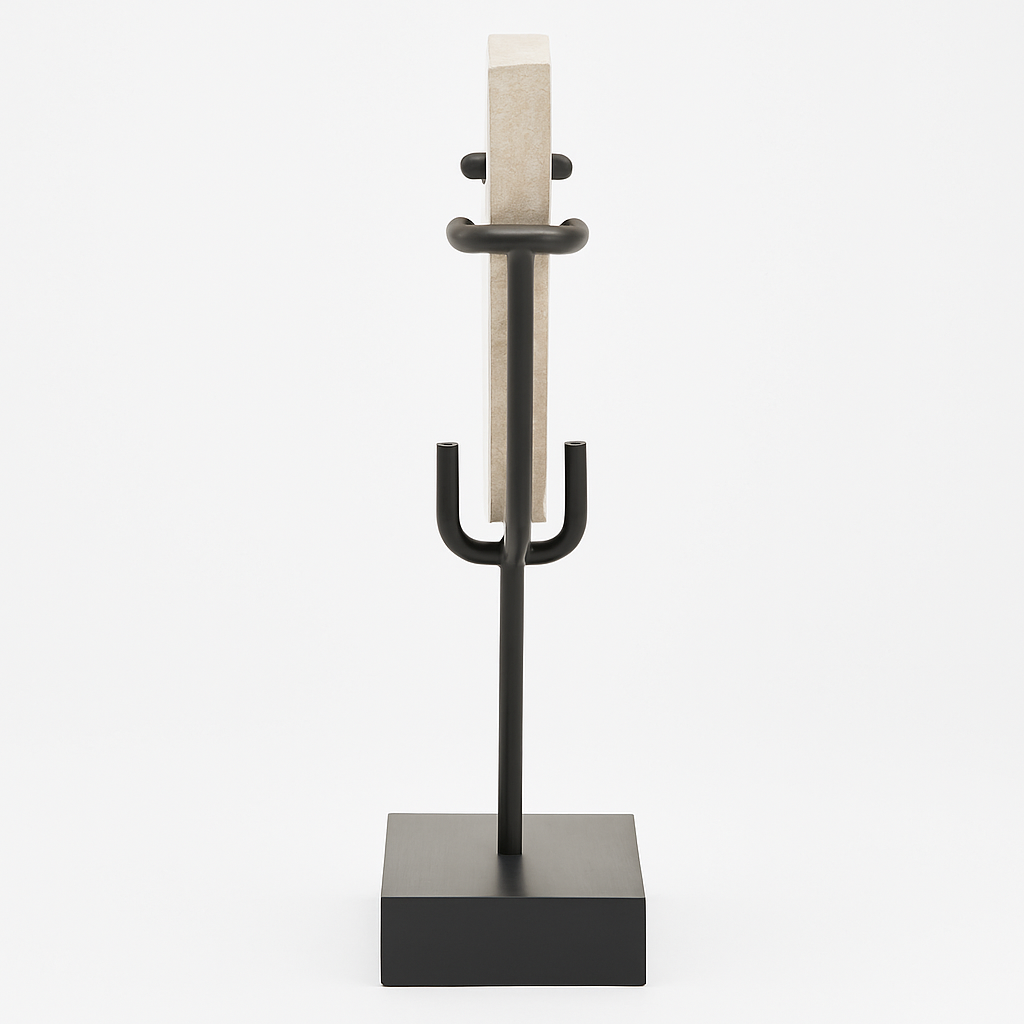 White travertine half-circle sculpture side view on black metal stand, modern luxury decorative accessory for shelves, sideboards, and interiors.