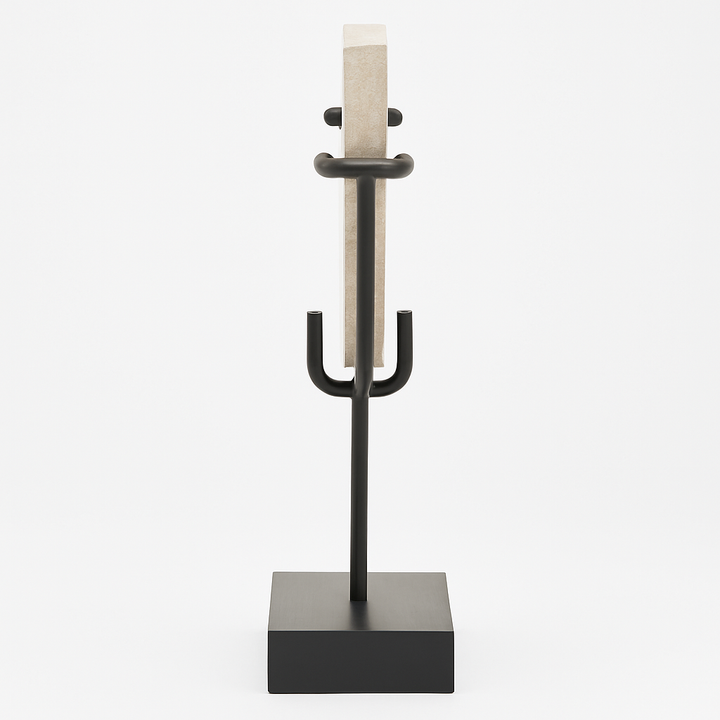 White travertine half-circle sculpture side view on black metal stand, modern luxury decorative accessory for shelves, sideboards, and interiors.