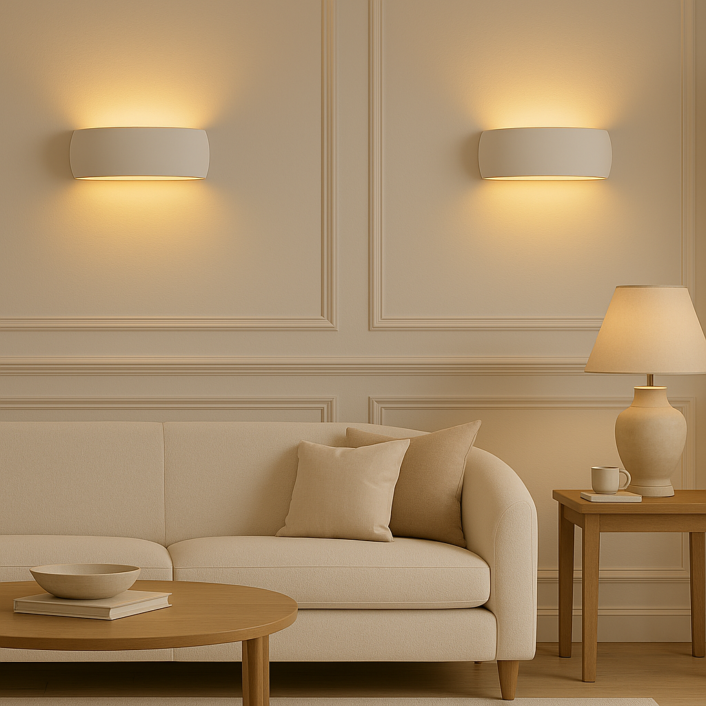 Pair of Windsor Large ceramic wall lights glowing softly above a neutral sofa in a luxury living room with white panelled walls, natural wood furniture, and Scandi-inspired styling