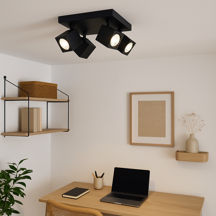 Wynyard 4 light black square spotlight mounted in a Scandinavian style home office.