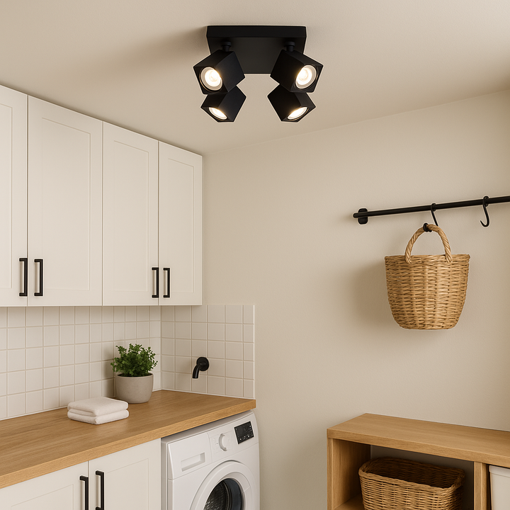 Wynyard 4 light black square spotlight mounted in a Scandinavian style modern utility room.
