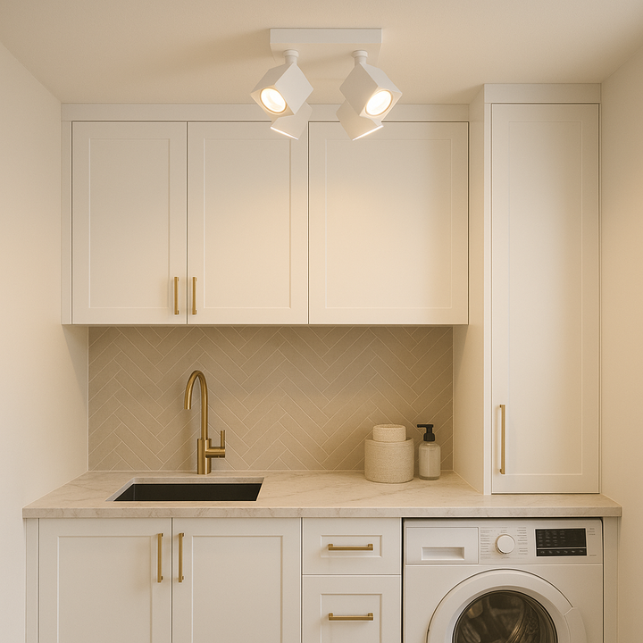 Wynyard 4 light white square spotlight in a luxury utility with white cabinets and marble countertop.