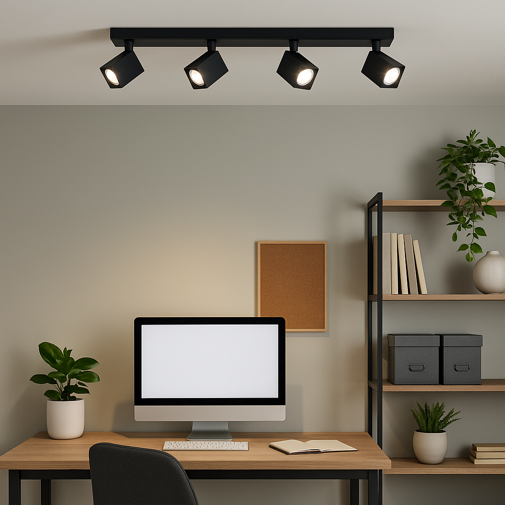 Wynyard Black 4 Light Spotlight Bar mounted on the ceiling of a modern home office with wooden desk, computer, shelving, and plants.