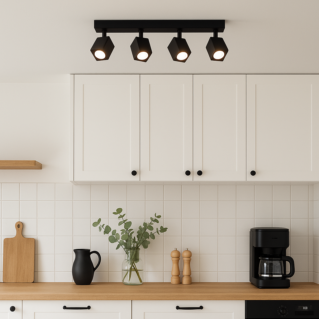 Wynyard black 4 light spotlight bar mounted on the ceiling of a Scandinavian style kitchen with white cabinets, black handles, wood countertop and minimalist décor.