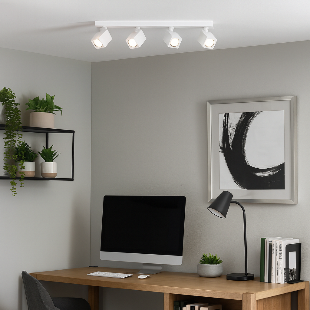 Wynyard White 4 Light Spotlight Bar mounted on the ceiling of a modern home office with wooden desk, computer, black desk lamp, plants, and abstract artwork.