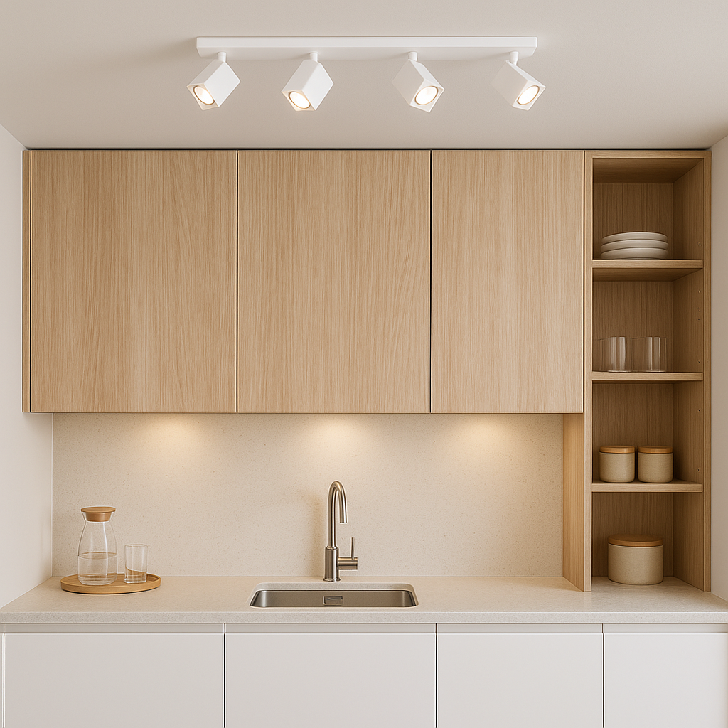 Wynyard White 4 Light Spotlight Bar mounted on the ceiling of a Scandi-luxury kitchen with light wood cabinets, white countertop, built-in shelving, and stainless steel sink.