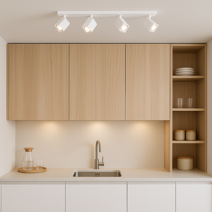 Wynyard White 4 Light Spotlight Bar mounted on the ceiling of a Scandi-luxury kitchen with light wood cabinets, white countertop, built-in shelving, and stainless steel sink.